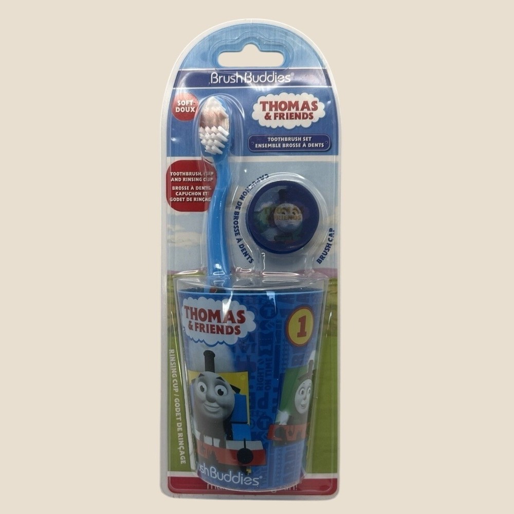 Brush Buddies Thomas & Friends 3 Piece Set Kids Toothbrush Cap & Rinsing Cup NIP